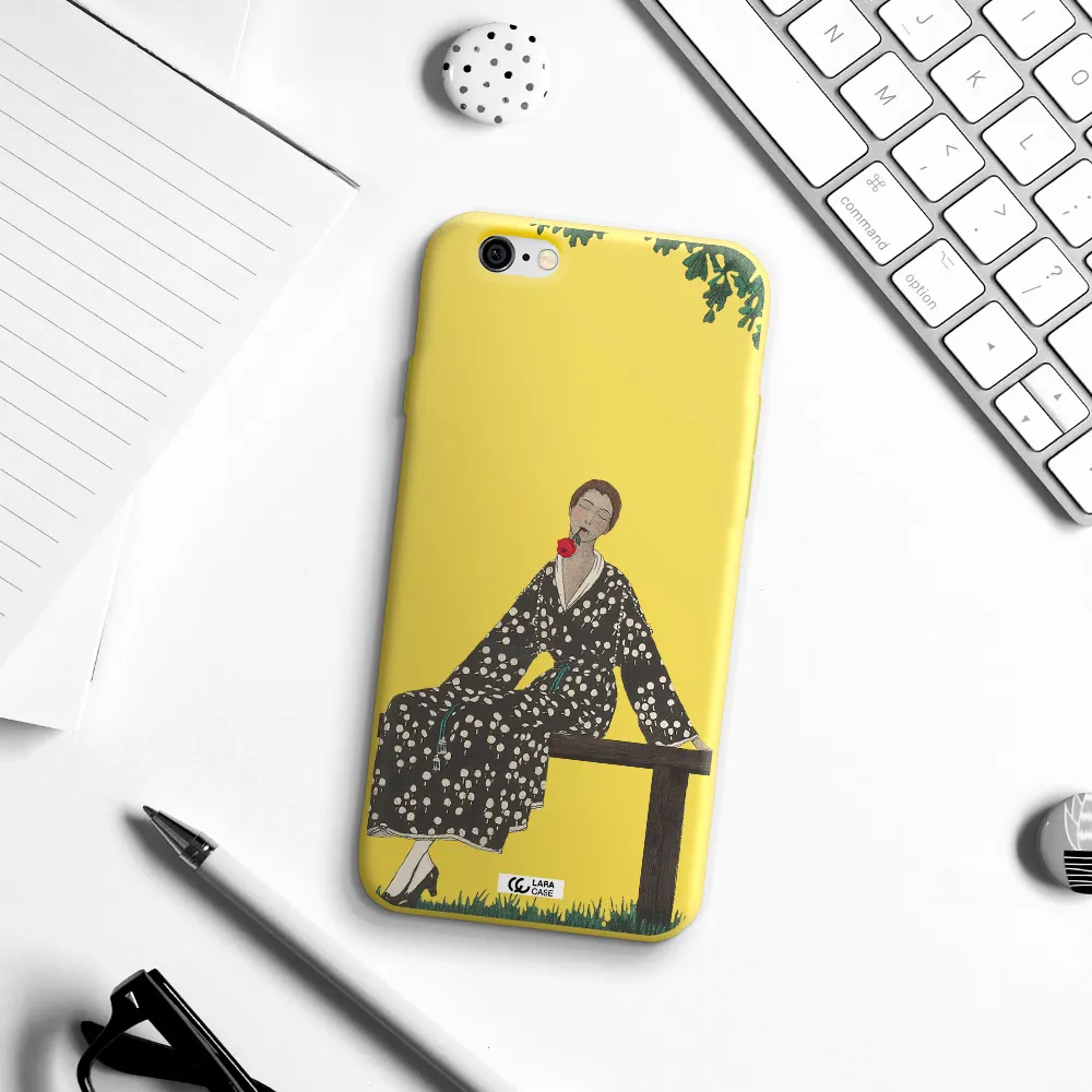 a woman sitting on a bench Apple iPhone 6 Silicone canary yellow Case