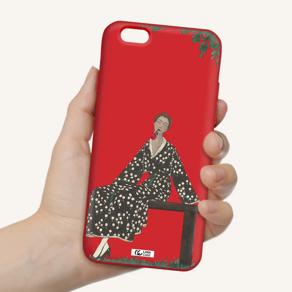a woman sitting on a bench Apple iPhone 6 Silicone Imperial Red Case