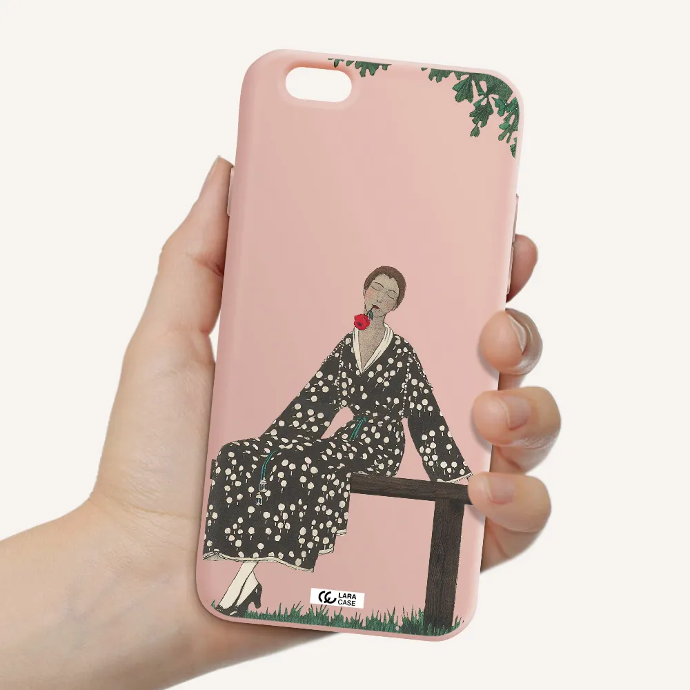 a woman sitting on a bench Apple iPhone 6 Silicone pastel pink Case