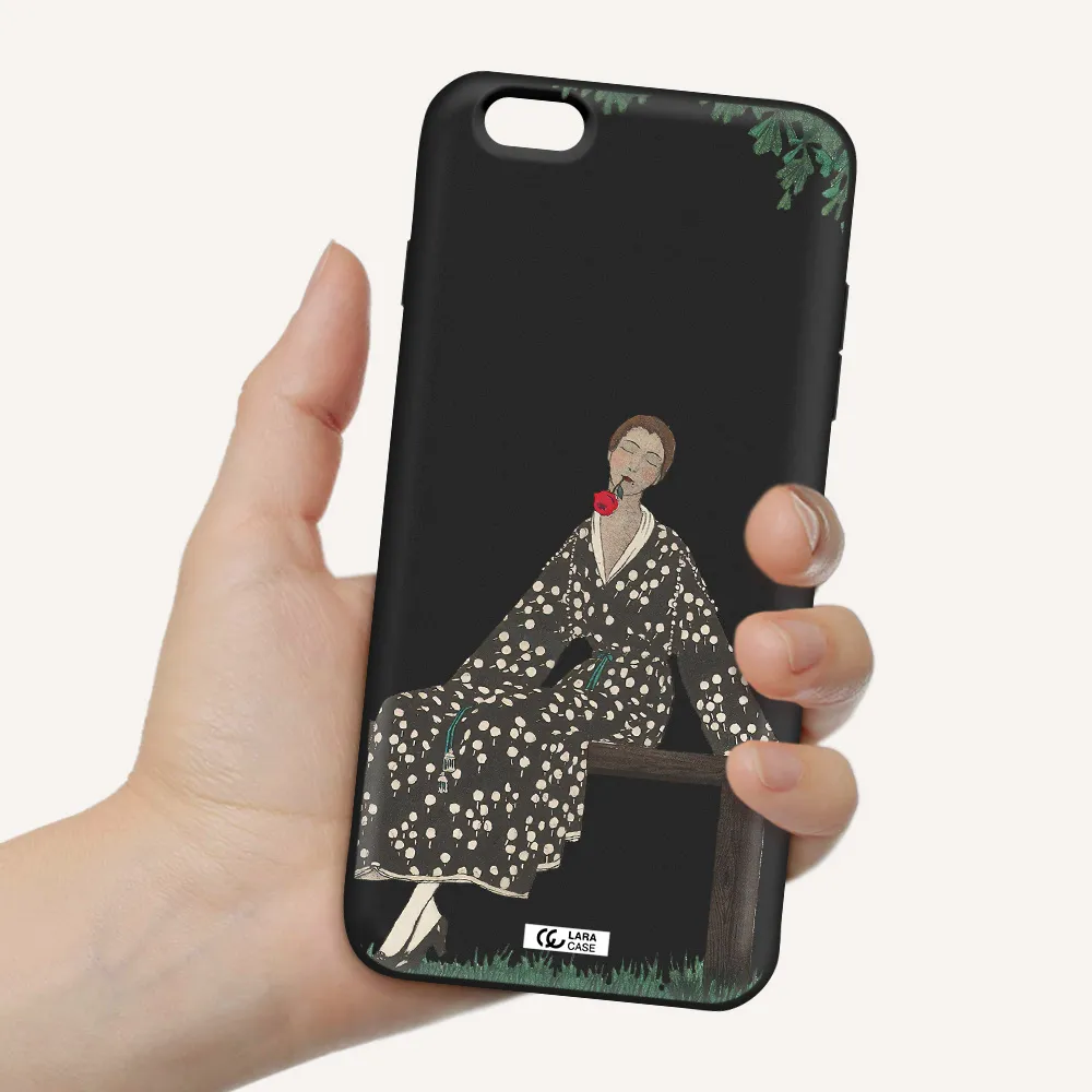 a woman sitting on a bench Apple iPhone 6S Silicone black Case