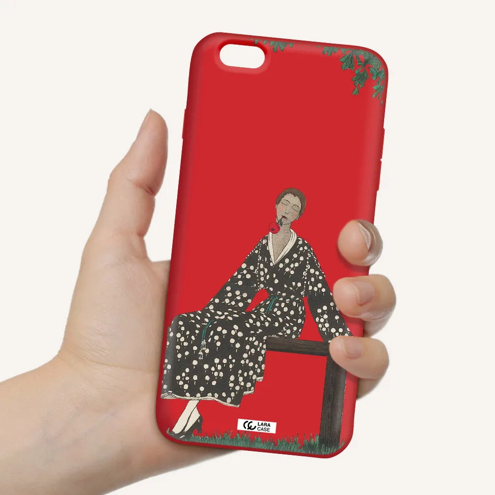 a woman sitting on a bench Apple iPhone 6S Silicone Imperial Red Case