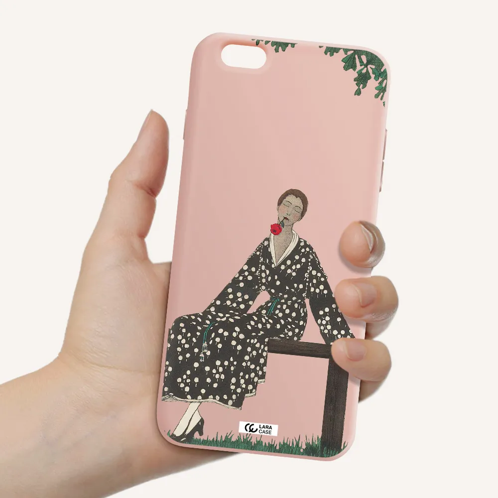 a woman sitting on a bench Apple iPhone 6S Silicone pastel pink Case