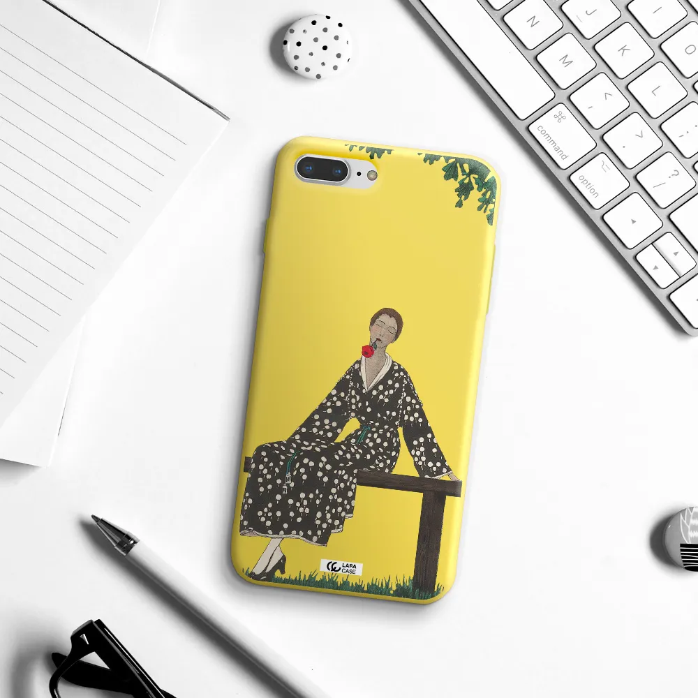 a woman sitting on a bench Apple iPhone 7 plus Silicone canary yellow Case