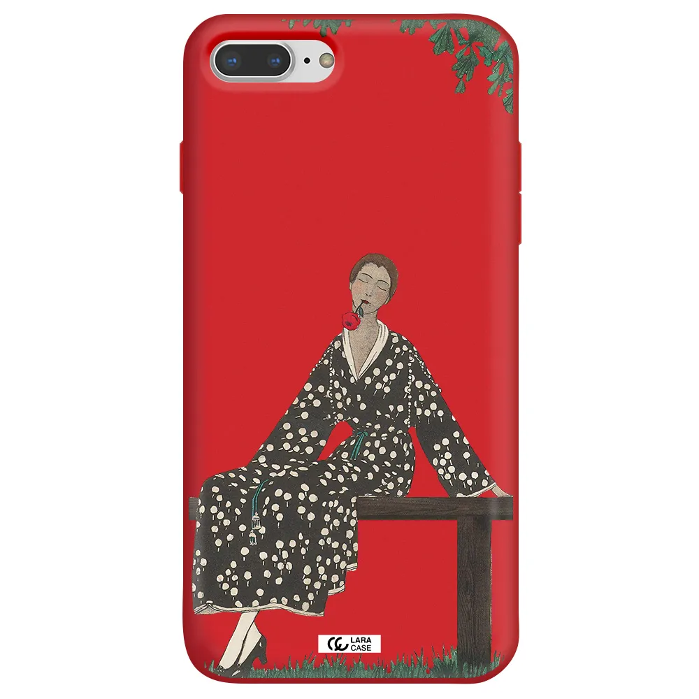 a woman sitting on a bench Apple iPhone 7 plus Silicone Imperial Red Case