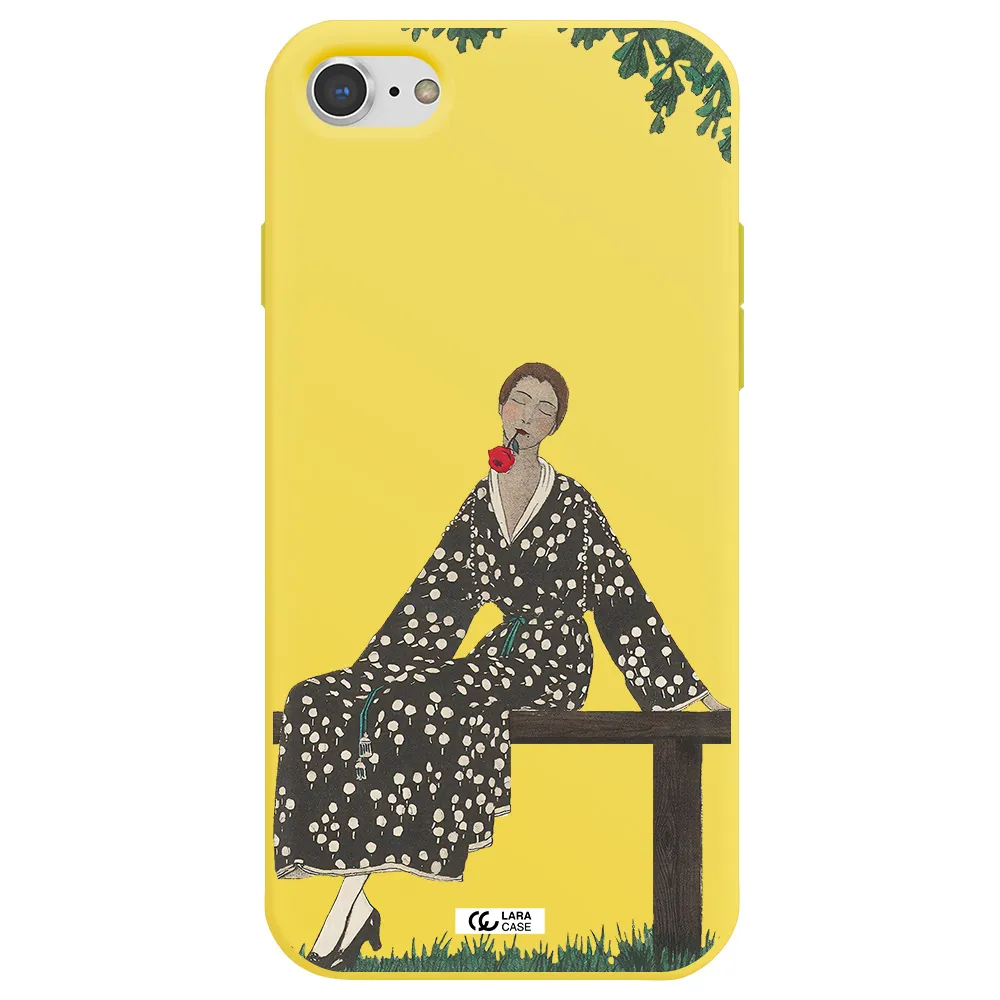 a woman sitting on a bench Apple iPhone 7 Silicone canary yellow Case