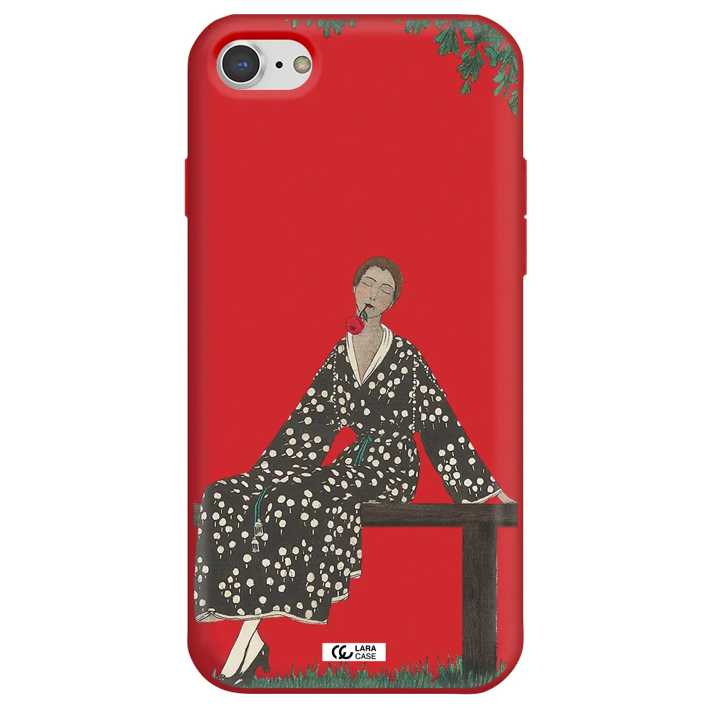 a woman sitting on a bench Apple iPhone 7 Silicone Imperial Red Case