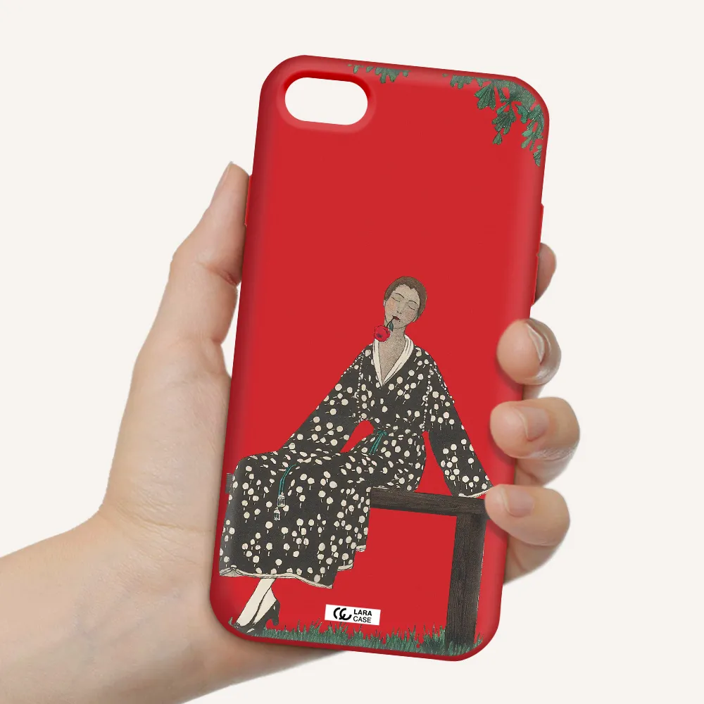 a woman sitting on a bench Apple iPhone 7 Silicone Imperial Red Case
