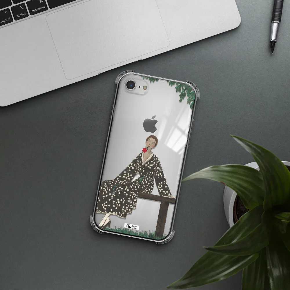a woman sitting on a bench Apple iPhone 8 Clear PC Case