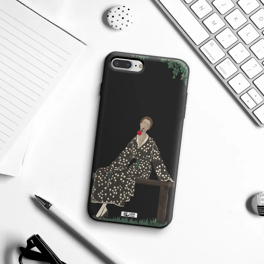 a woman sitting on a bench Apple iPhone 8 plus Silicone black Case