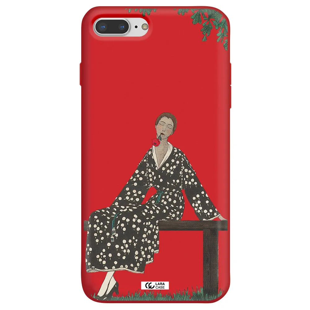 a woman sitting on a bench Apple iPhone 8 plus Silicone Imperial Red Case