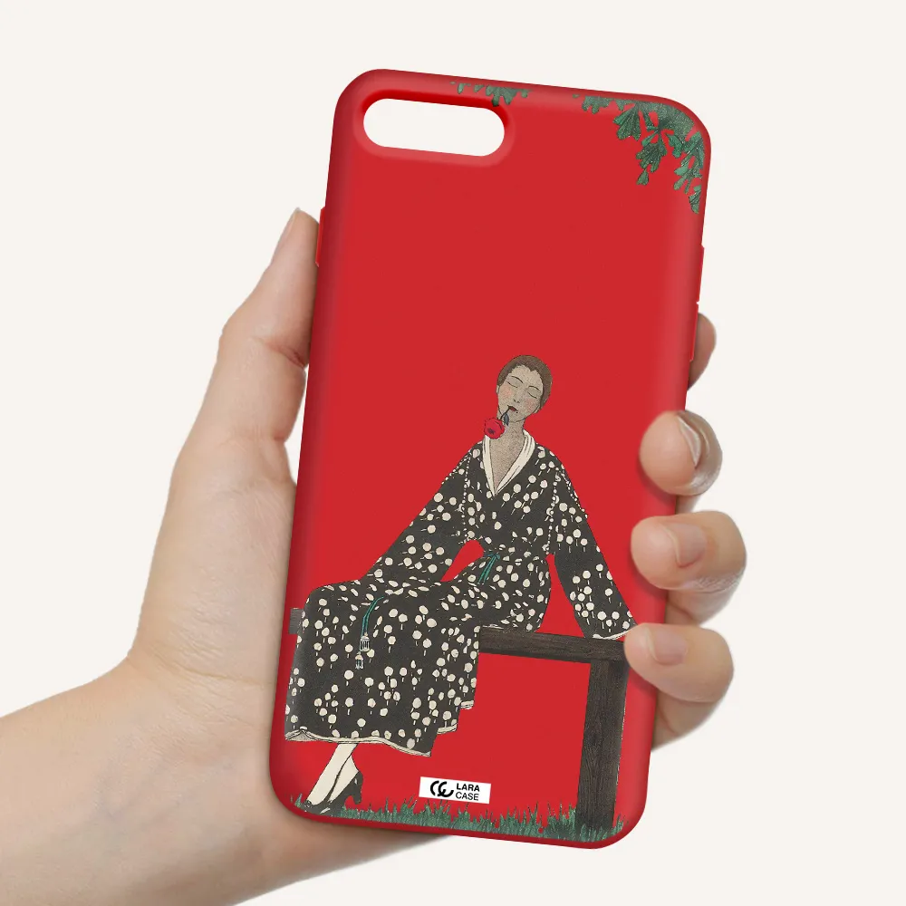 a woman sitting on a bench Apple iPhone 8 plus Silicone Imperial Red Case
