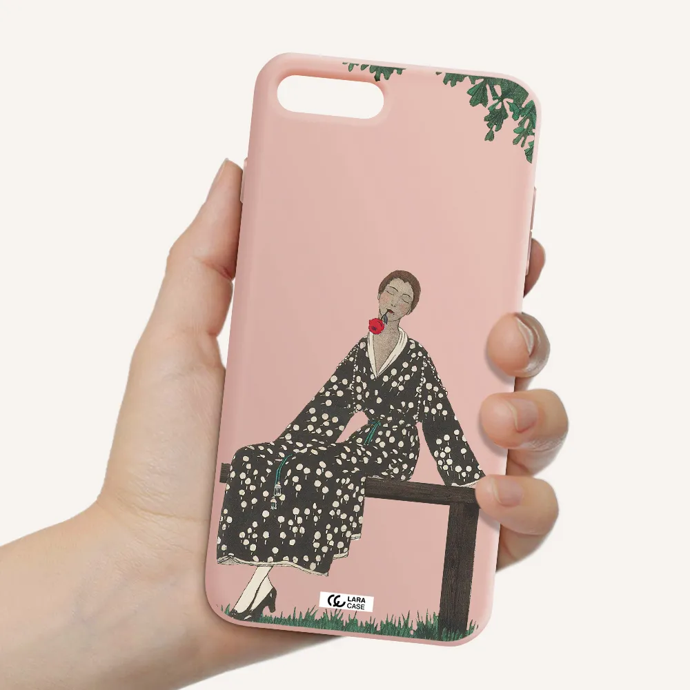 a woman sitting on a bench Apple iPhone 8 plus Silicone pastel pink Case