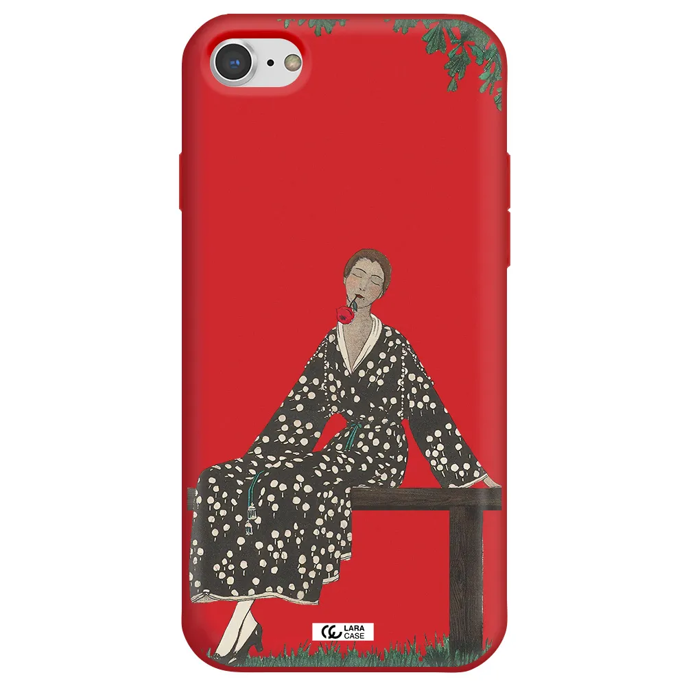 a woman sitting on a bench Apple iPhone 8 Silicone Imperial Red Case