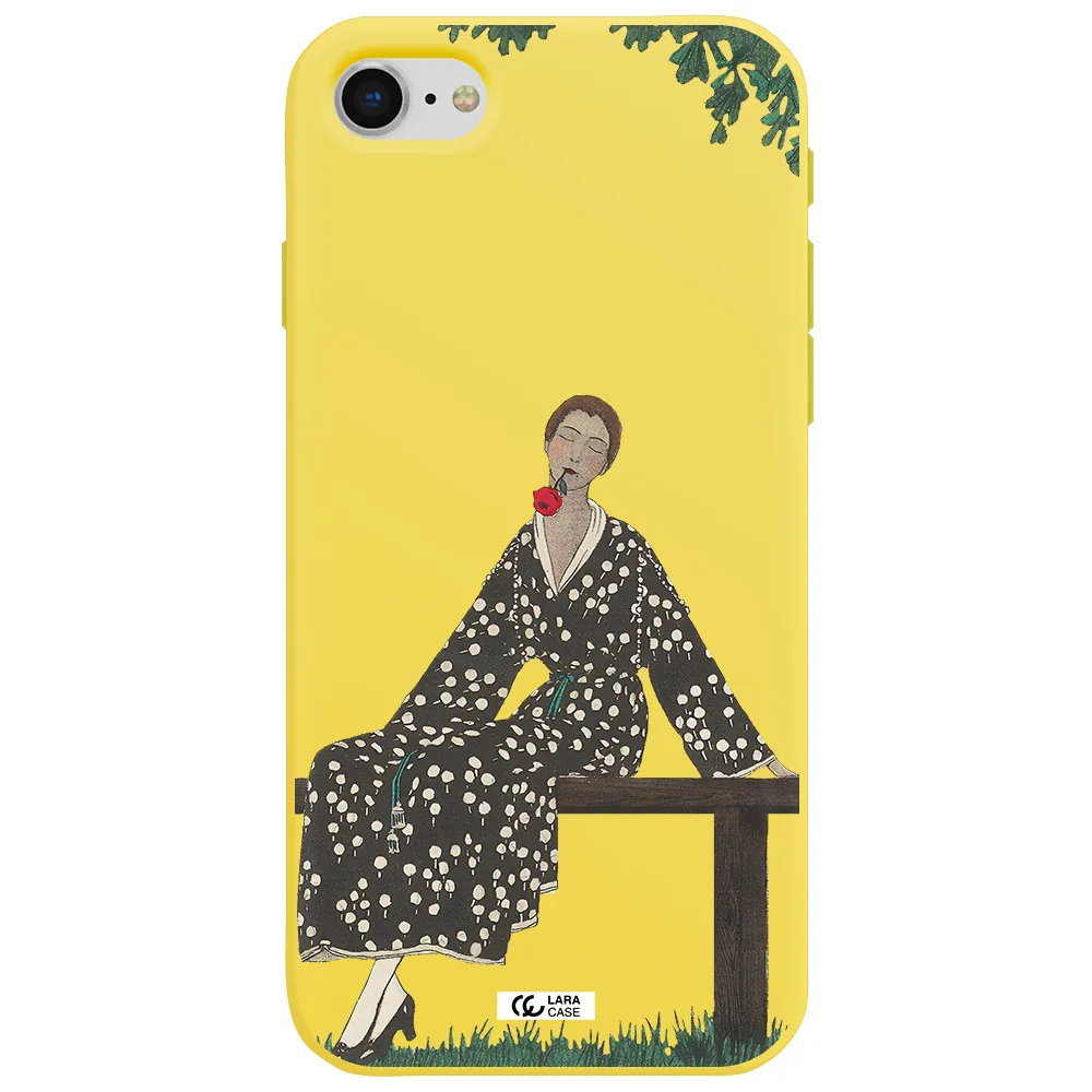 a woman sitting on a bench Apple iPhone se 2020 Silicone canary yellow Case
