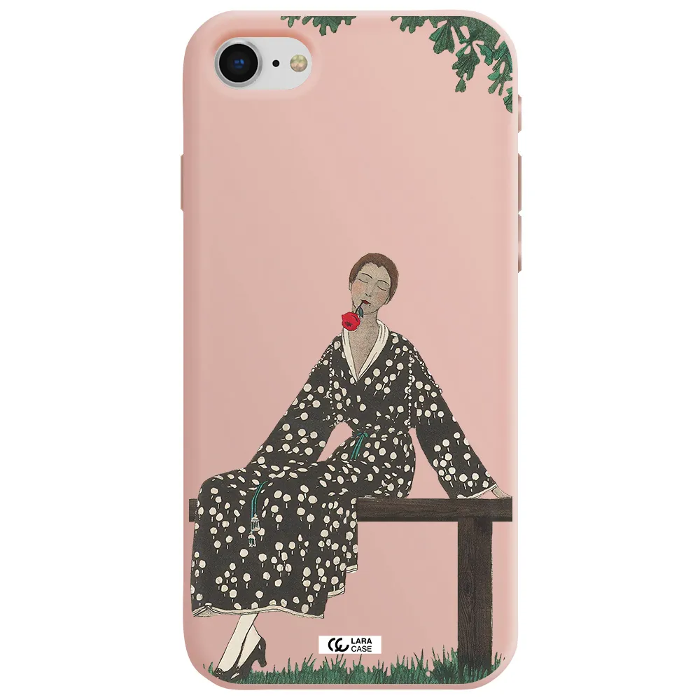a woman sitting on a bench Apple iPhone se 2020 Silicone pastel pink Case
