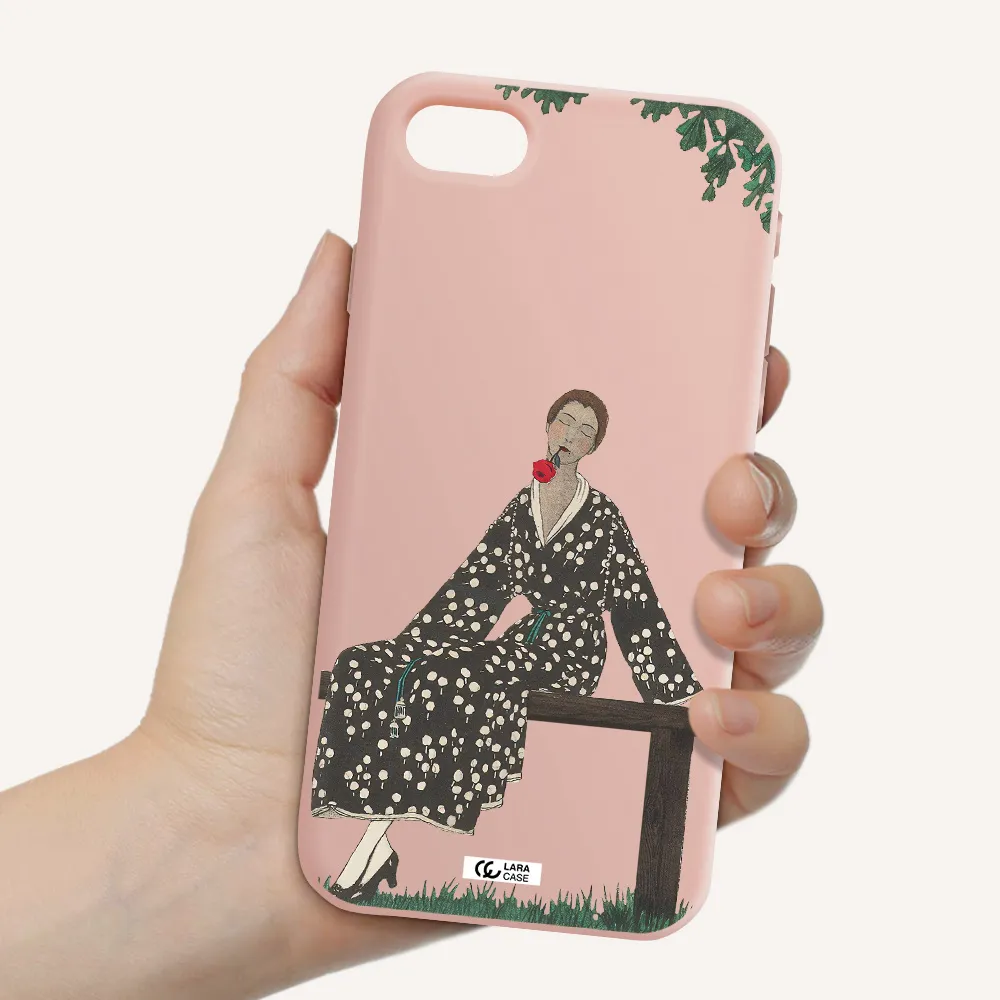 a woman sitting on a bench Apple iPhone se 2020 Silicone pastel pink Case