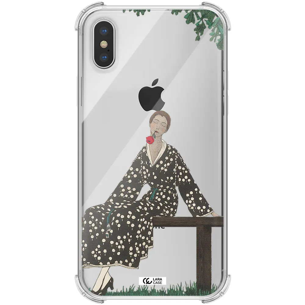 a woman sitting on a bench Apple iPhone X Clear PC Case