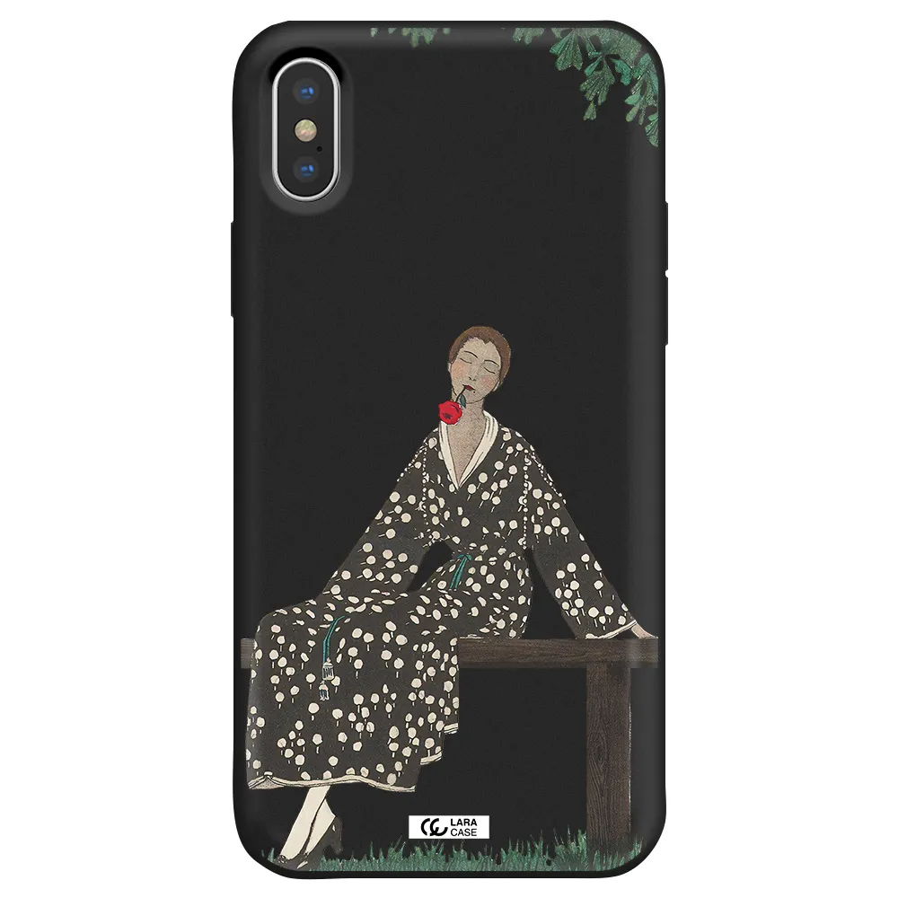 a woman sitting on a bench Apple iPhone X Silicone black Case