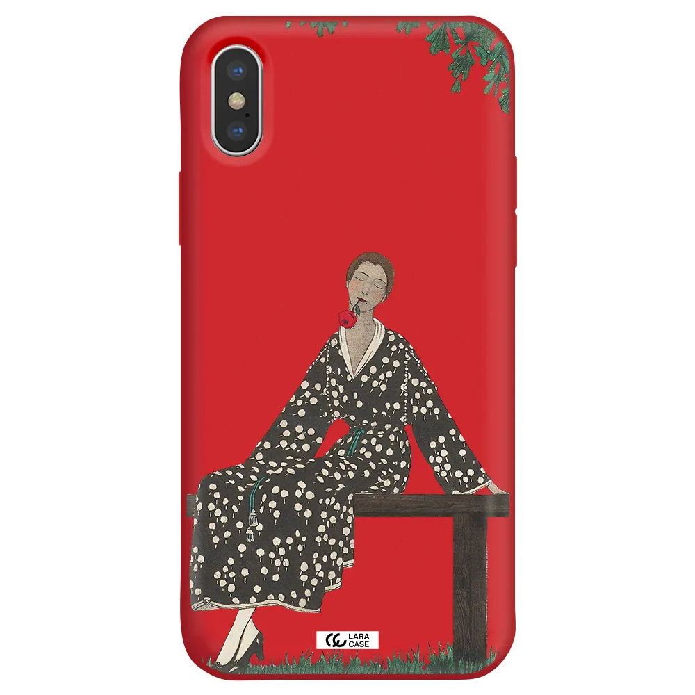 a woman sitting on a bench Apple iPhone XS Silicone Imperial Red Case