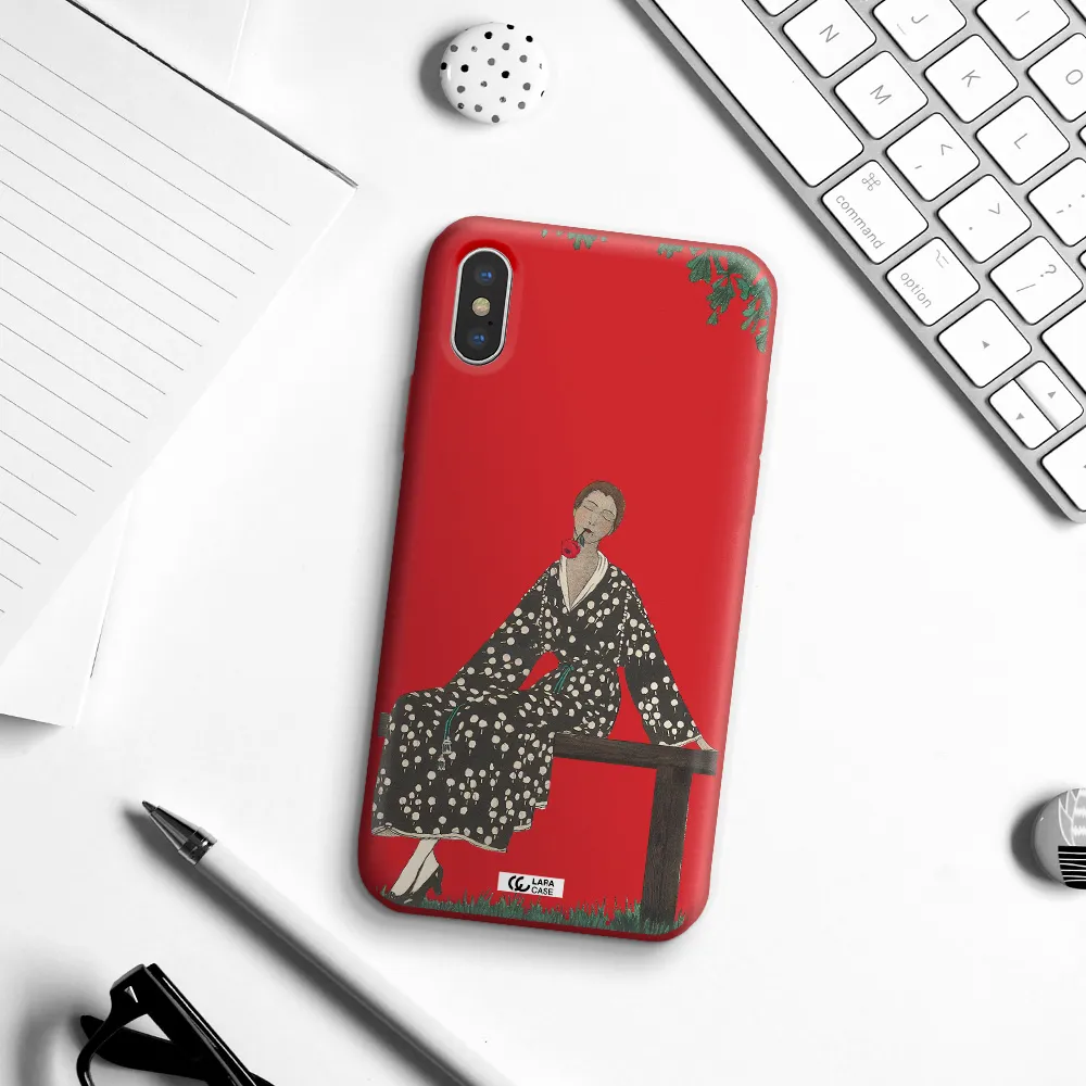 a woman sitting on a bench Apple iPhone XS Silicone Imperial Red Case