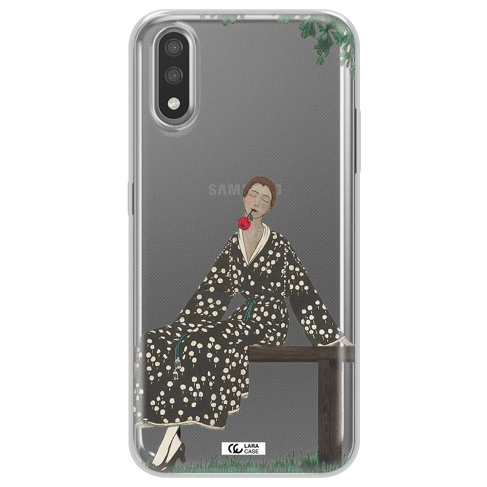a woman sitting on a bench Samsung A01 Clear TPU Case