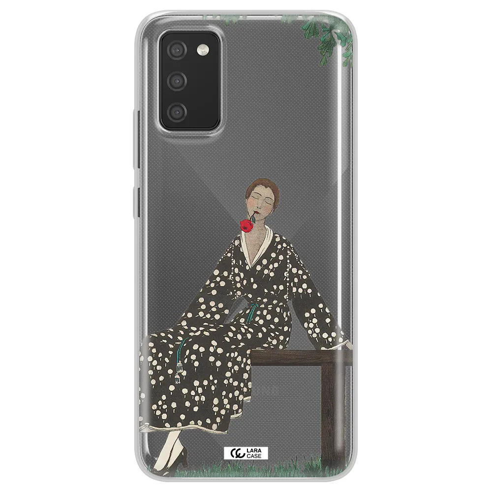 a woman sitting on a bench Samsung A02S Clear TPU Case