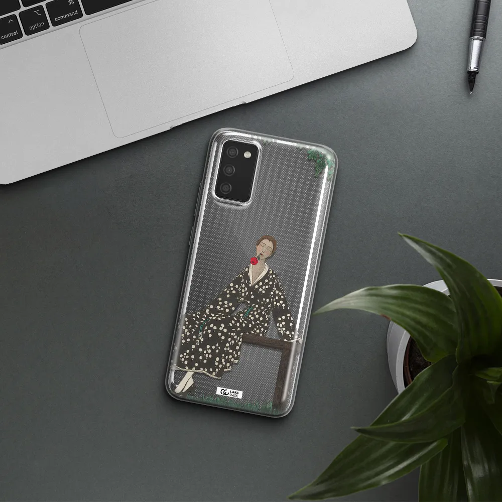 a woman sitting on a bench Samsung A02S Clear TPU Case