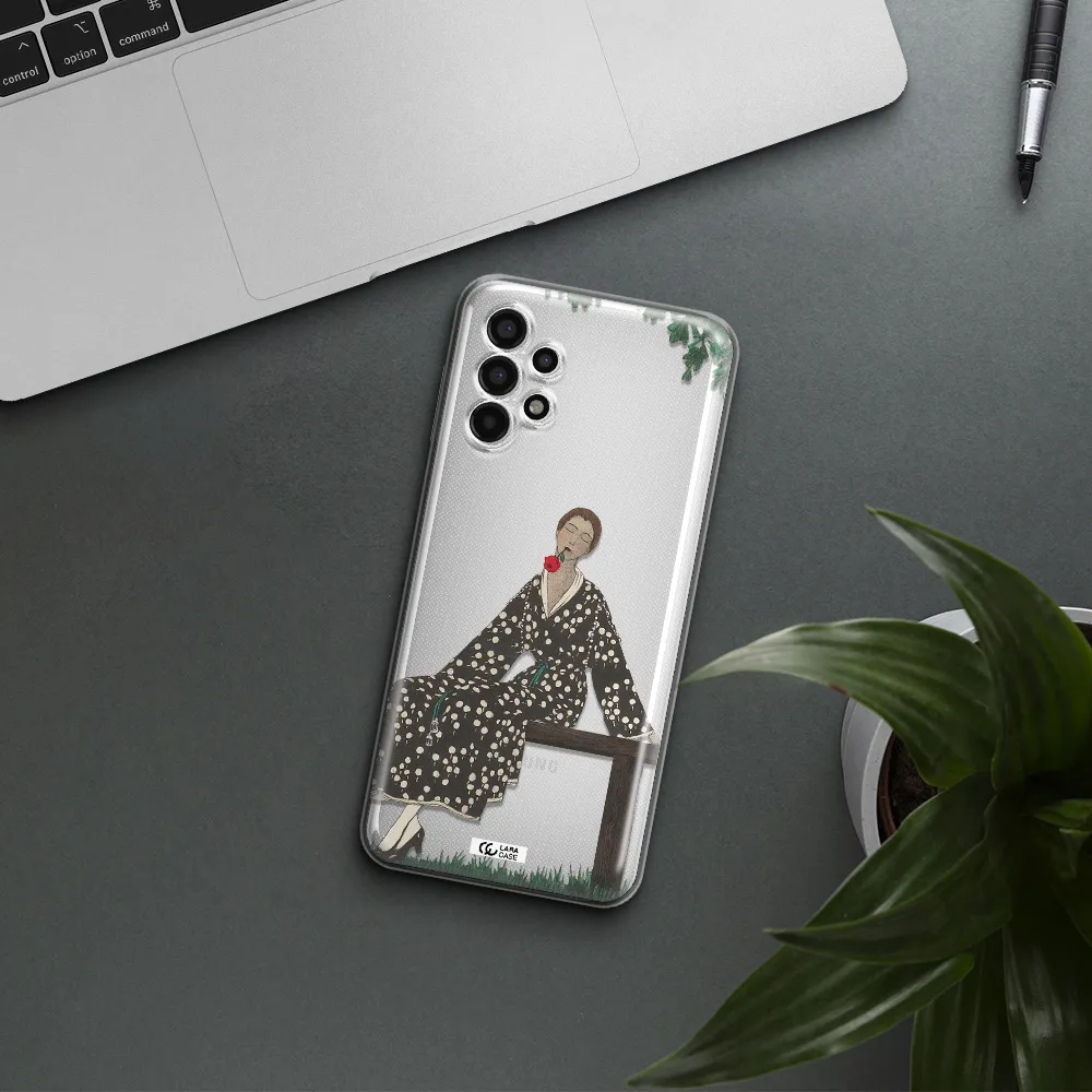 a woman sitting on a bench Samsung A13 4g Clear TPU Case