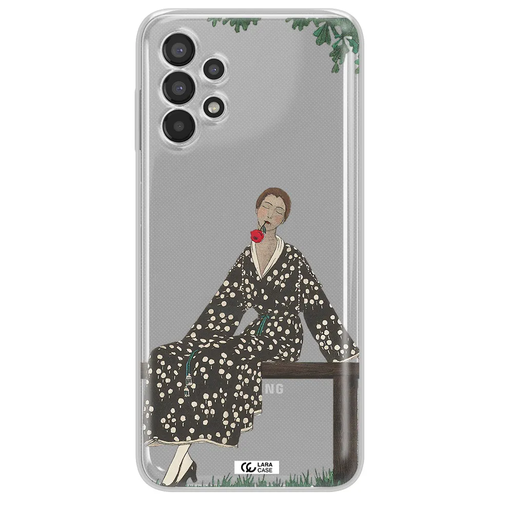 a woman sitting on a bench Samsung A13 Clear TPU Case