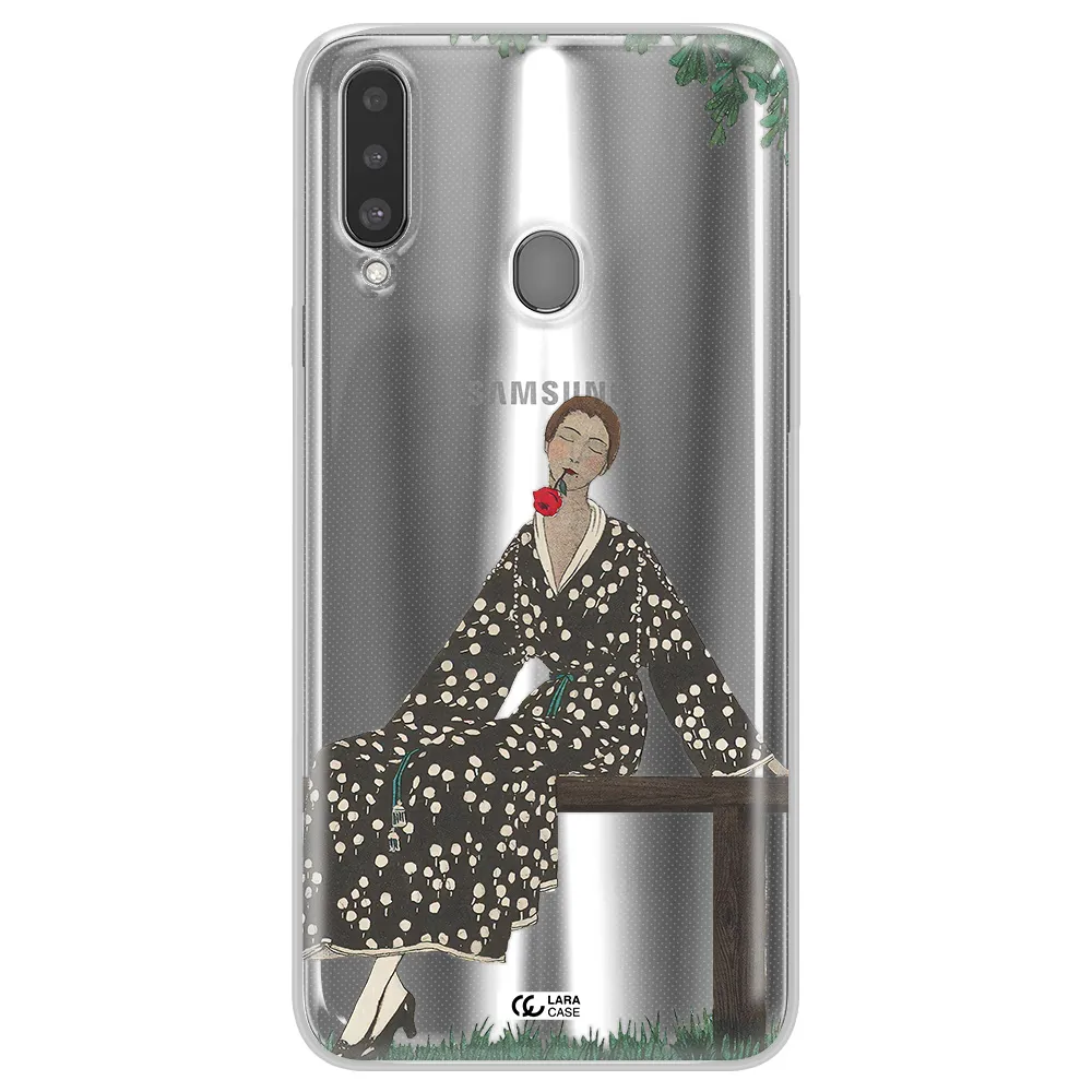 a woman sitting on a bench Samsung A20S Clear TPU Case