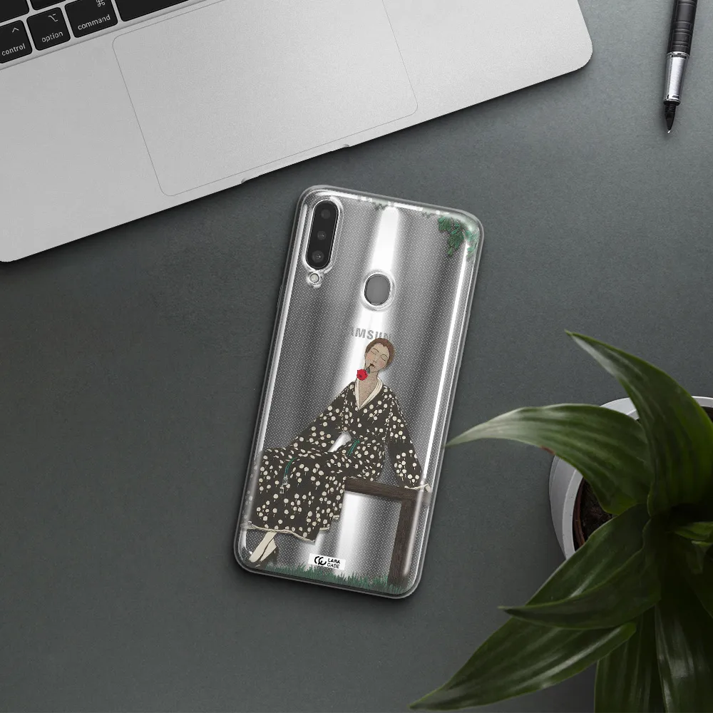 a woman sitting on a bench Samsung A20S Clear TPU Case