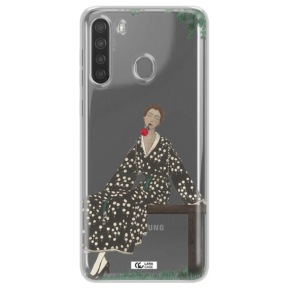 a woman sitting on a bench Samsung A21 Clear TPU Case