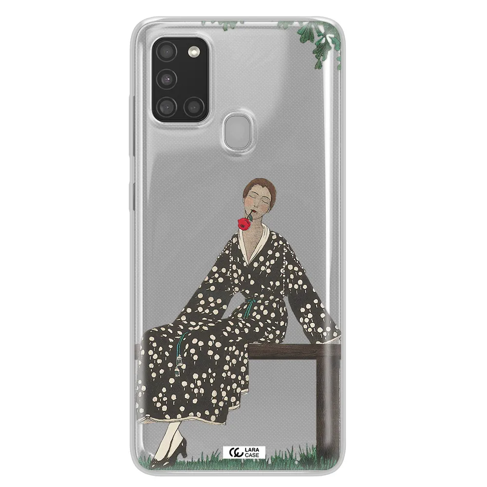 a woman sitting on a bench Samsung A21S Clear TPU Case