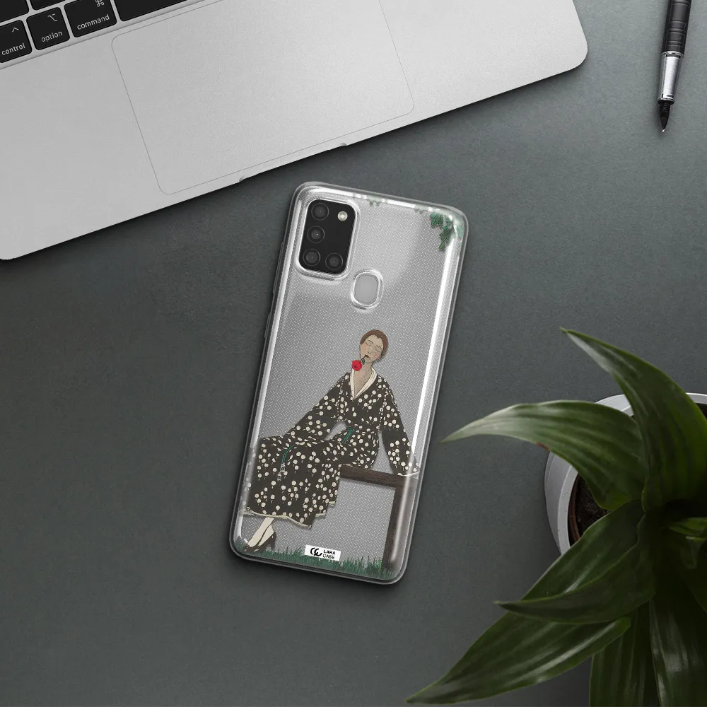 a woman sitting on a bench Samsung A21S Clear TPU Case