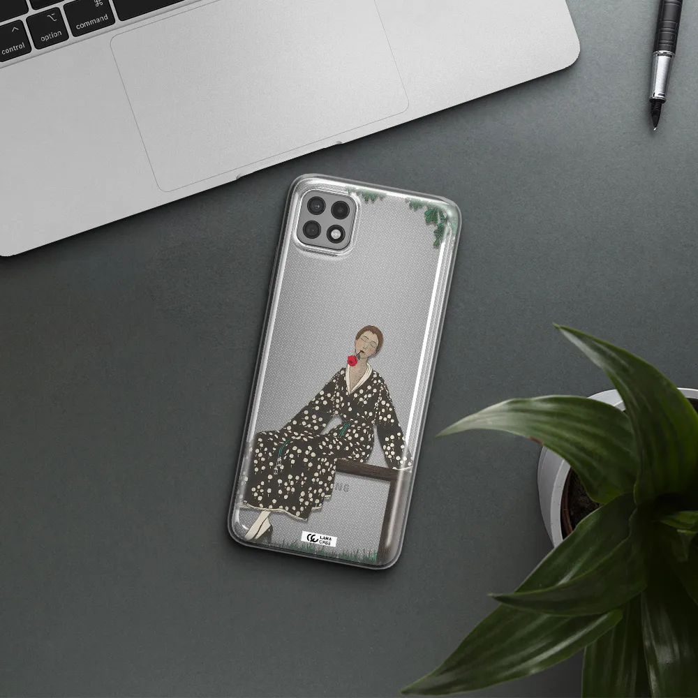 a woman sitting on a bench Samsung A22 5g Clear TPU Case