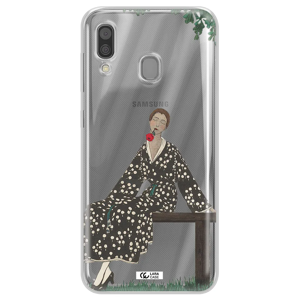 a woman sitting on a bench Samsung A30 Clear TPU Case