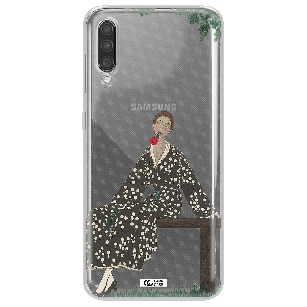 a woman sitting on a bench Samsung A30S Clear TPU Case