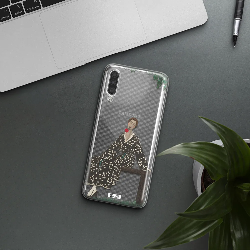 a woman sitting on a bench Samsung A30S Clear TPU Case