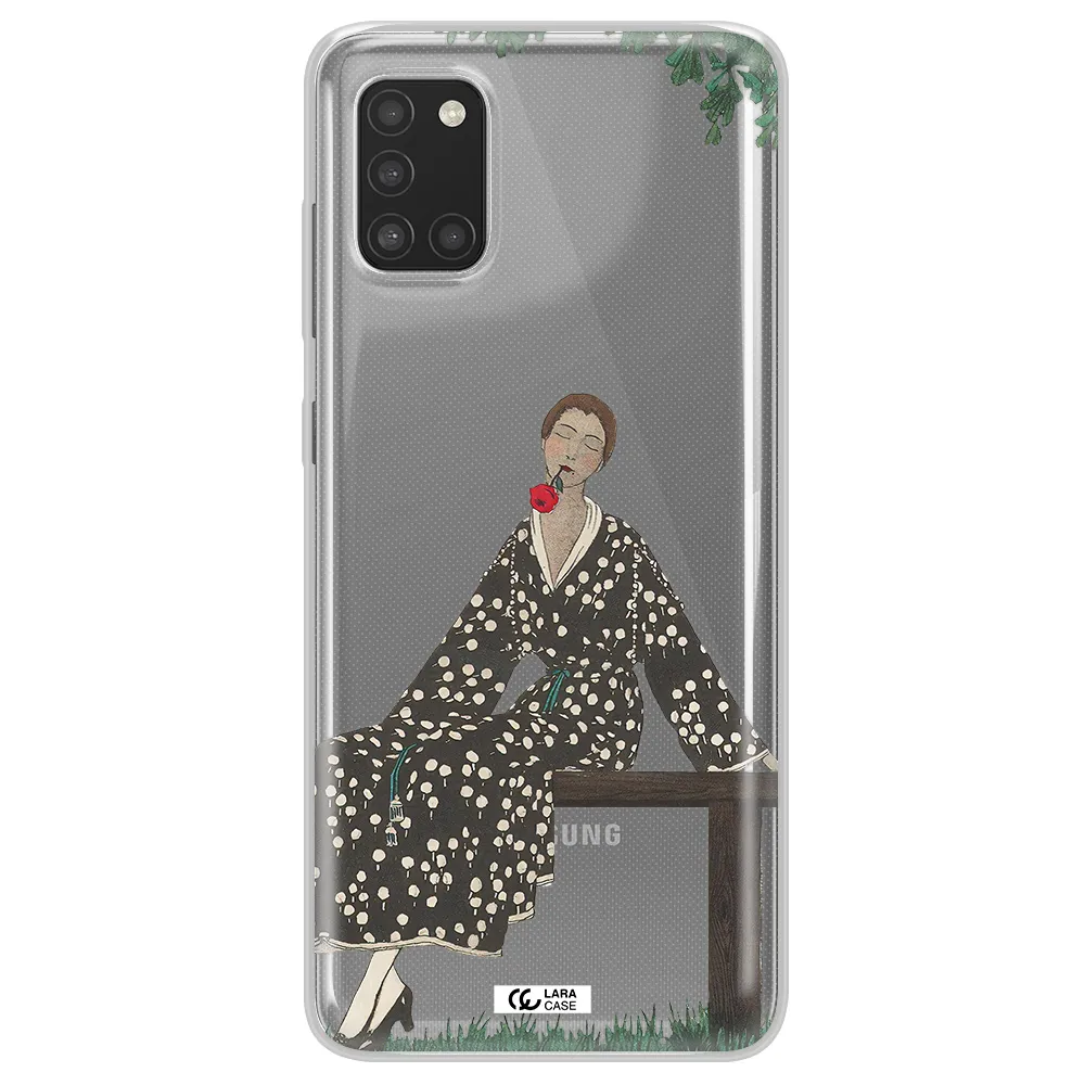a woman sitting on a bench Samsung A31 Clear TPU Case