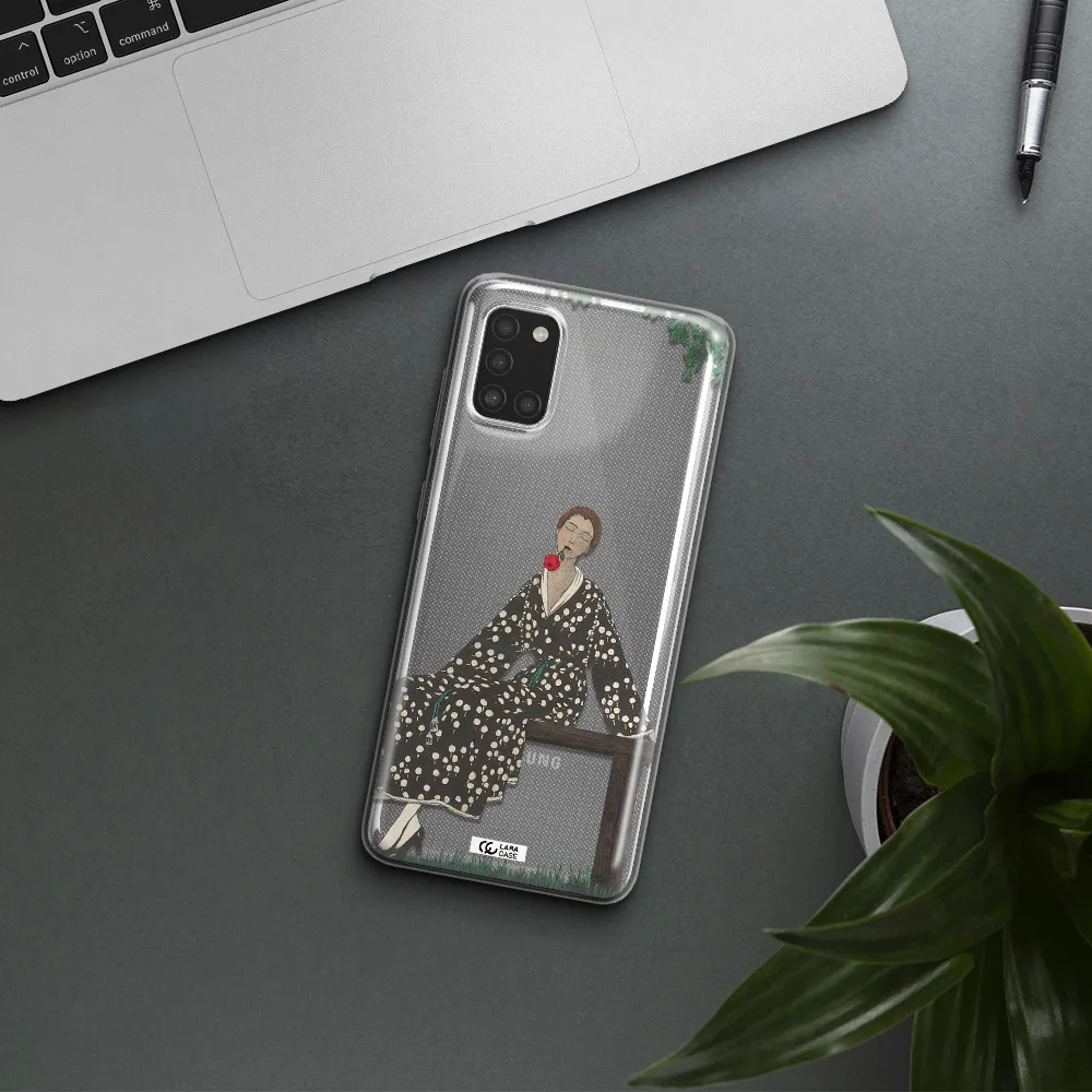 a woman sitting on a bench Samsung A31 Clear TPU Case