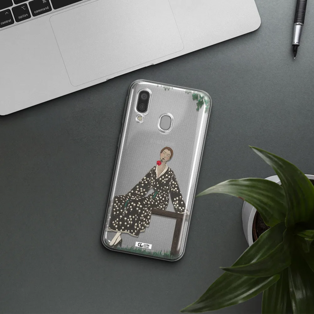 a woman sitting on a bench Samsung A40 Clear TPU Case