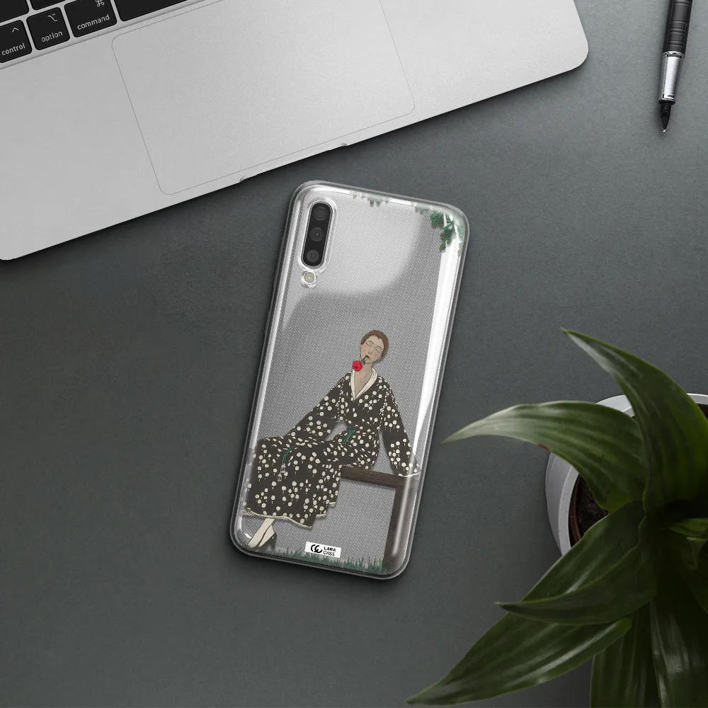 a woman sitting on a bench Samsung A50 Clear TPU Case