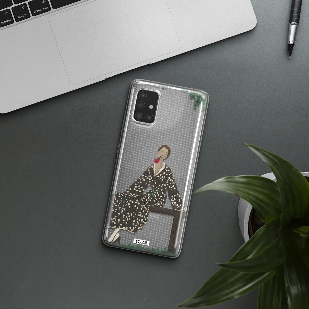 a woman sitting on a bench Samsung A51 Clear TPU Case
