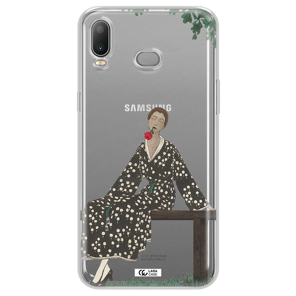 a woman sitting on a bench Samsung A6S Clear TPU Case