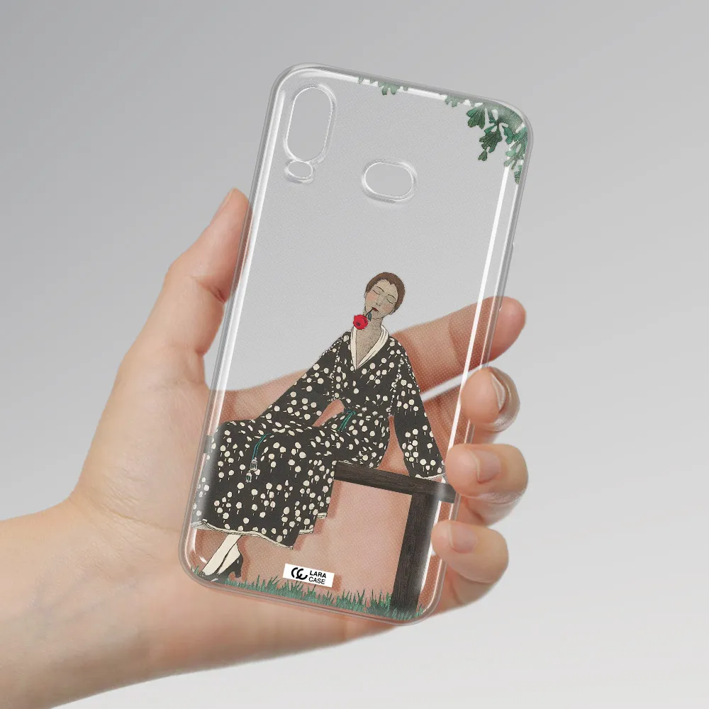 a woman sitting on a bench Samsung A6S Clear TPU Case