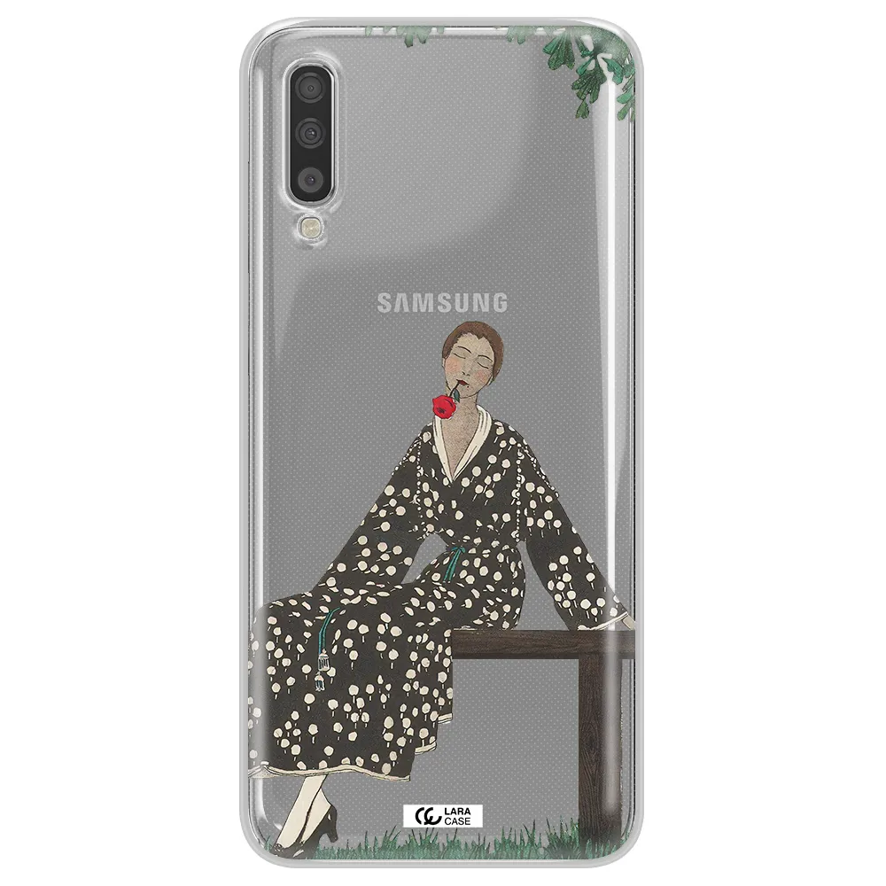 a woman sitting on a bench Samsung A70 Clear TPU Case