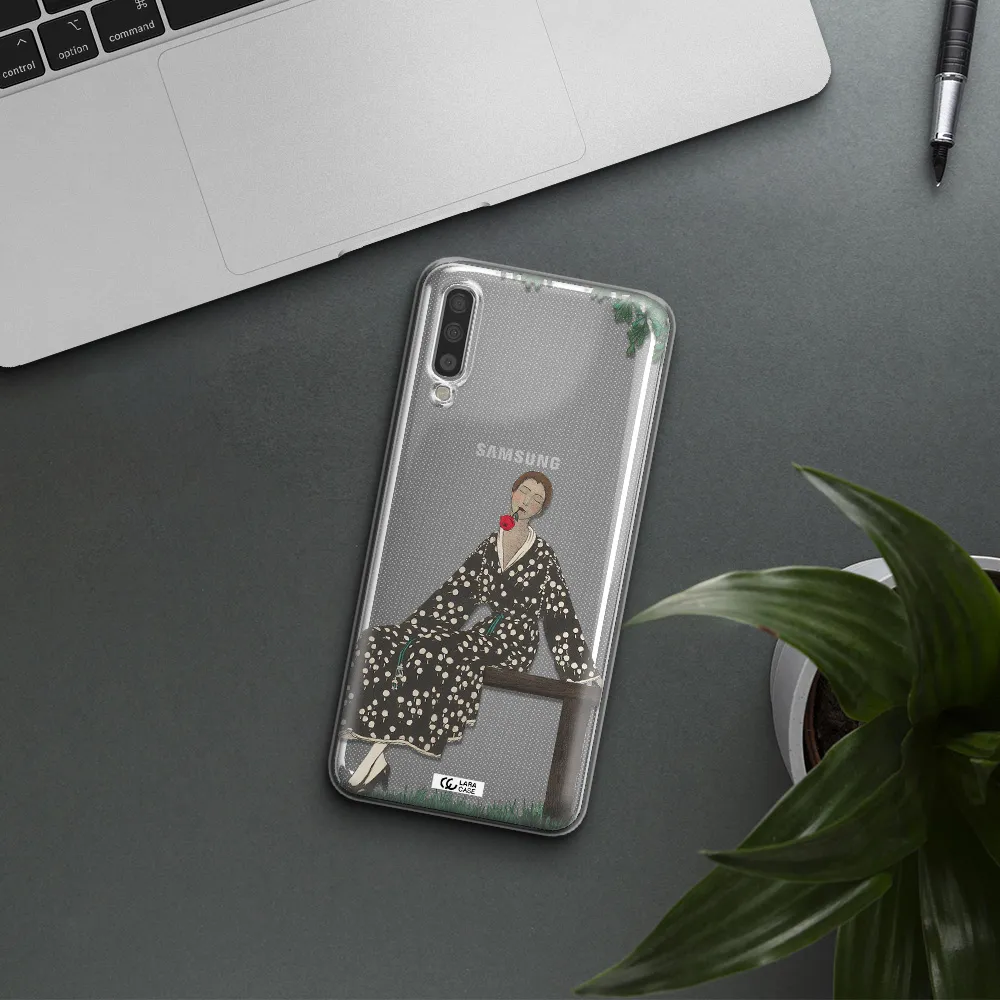 A Woman Sitting On A Bench Samsung A70S Clear Tpu Case