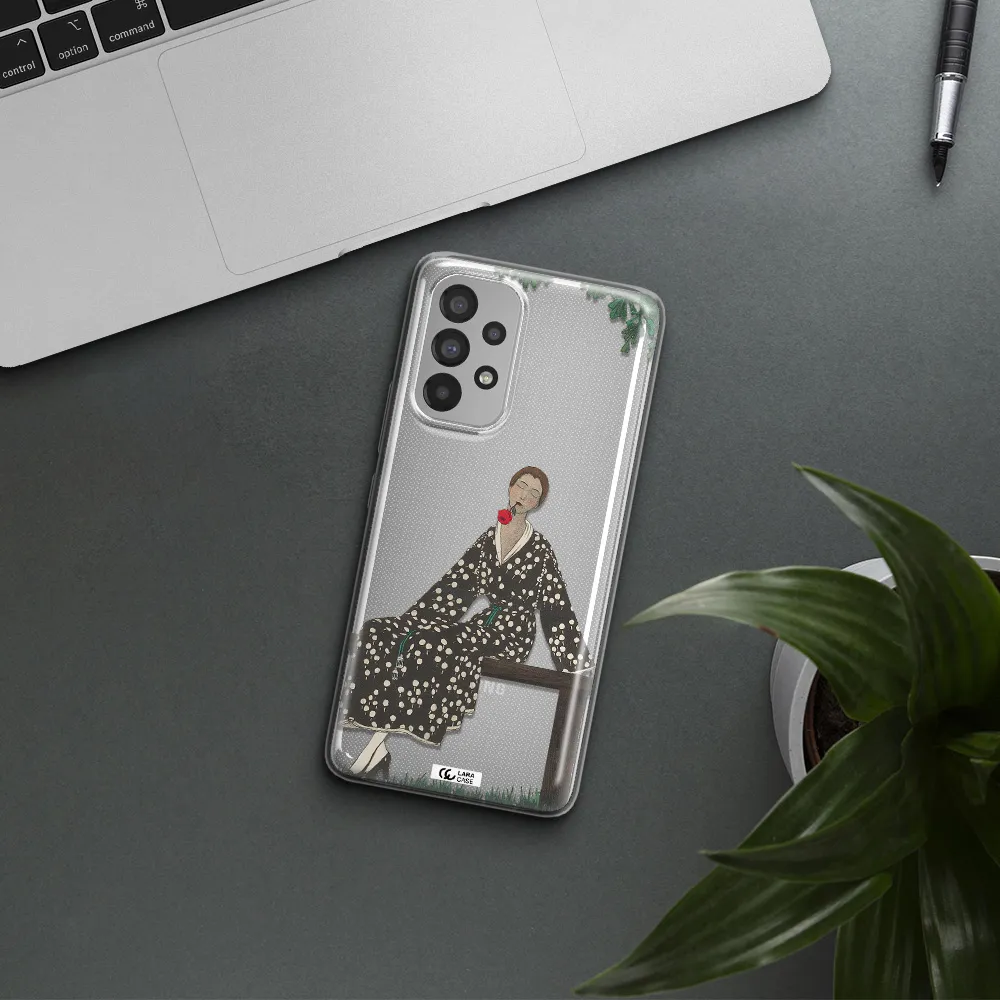 a woman sitting on a bench Samsung A73 Clear TPU Case