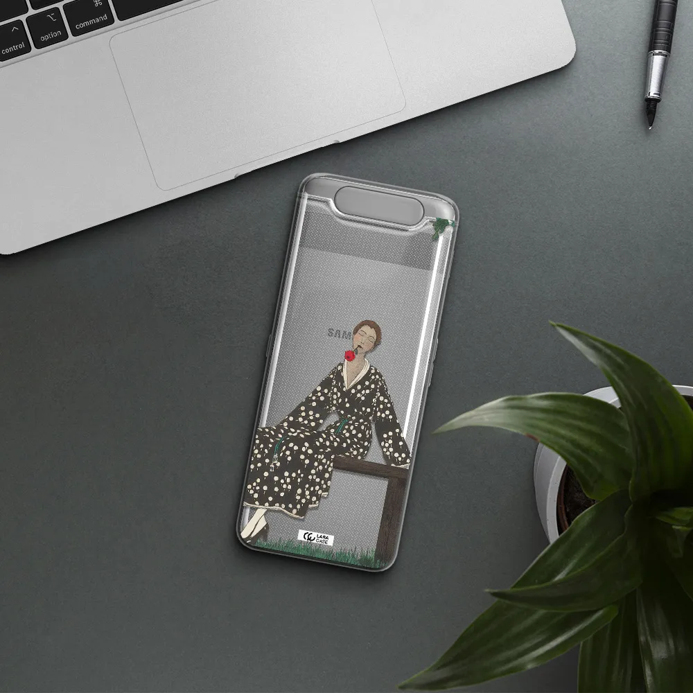 a woman sitting on a bench Samsung A80 Clear TPU Case