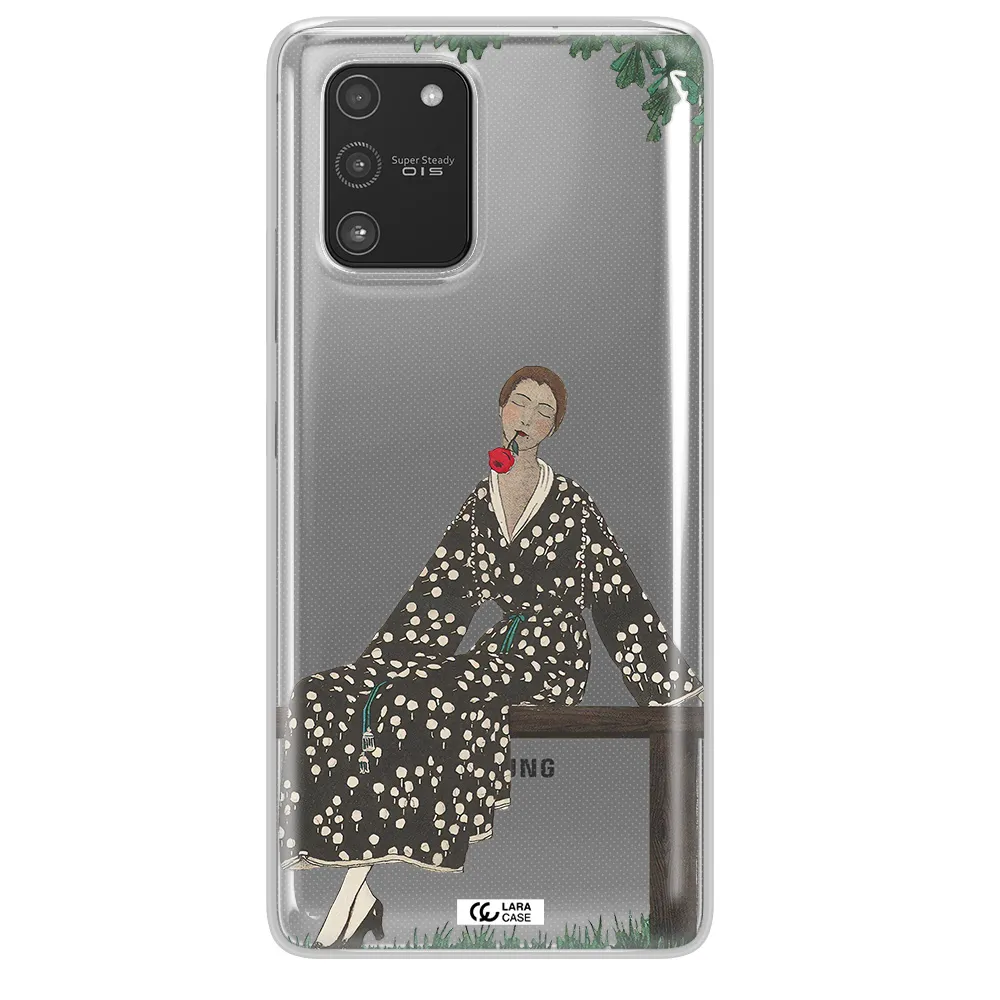 a woman sitting on a bench Samsung A91 Clear TPU Case